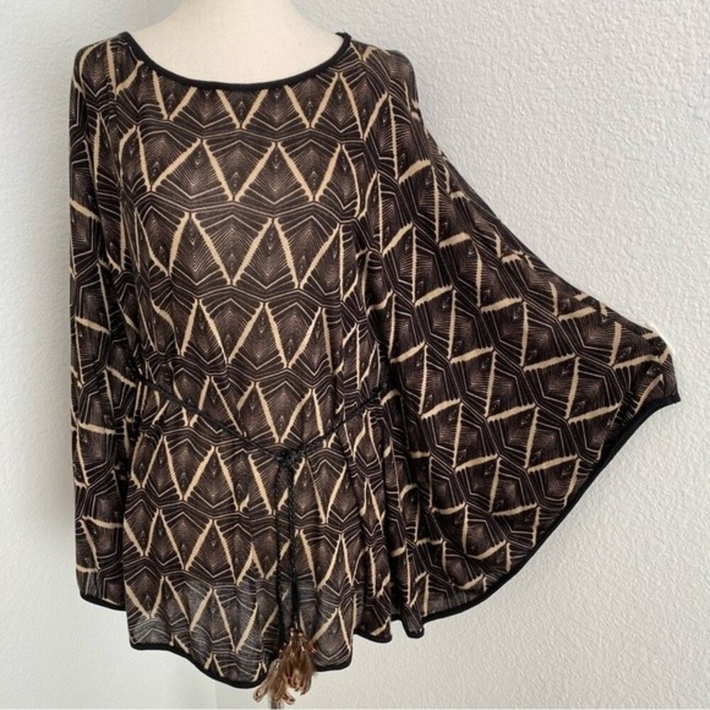 Trac Chevron Black Brown Braided Faux Leather Belt Feather Batwing Sweater SZ L